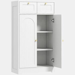 HOMCOM Armário de Casa de Banho Estreito Móvel Auxiliar Casa de Banho 60x30x108 cm, com 2 Gavetas Prateleira Aberta e Porta com Painel Arqueado Estilo Moderno, para Espaços Pequenos Branco Texturizado