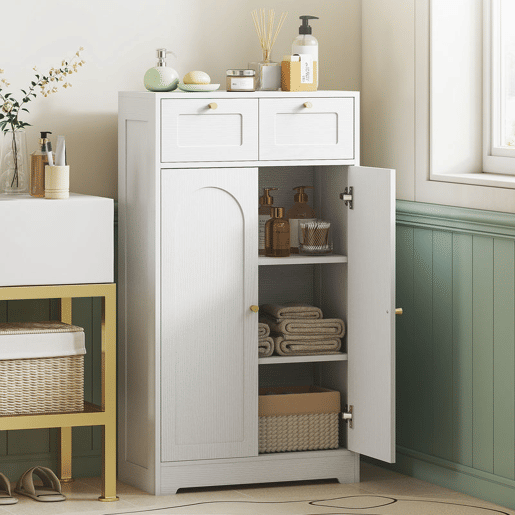 HOMCOM Armário de Casa de Banho Estreito Móvel Auxiliar Casa de Banho 60x30x108 cm, com 2 Gavetas Prateleira Aberta e Porta com Painel Arqueado Estilo Moderno, para Espaços Pequenos Branco Texturizado