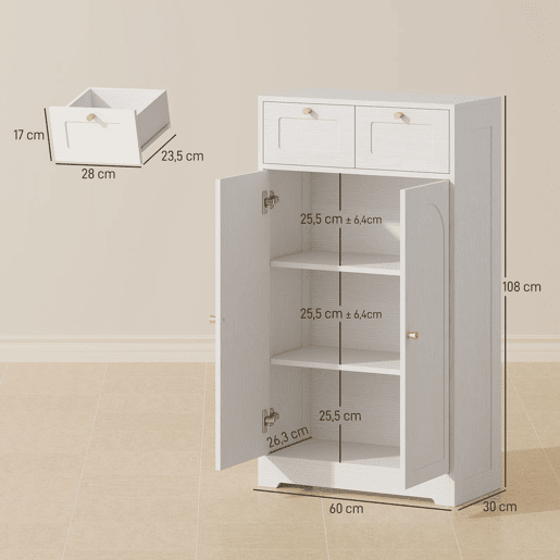 HOMCOM Armário de Casa de Banho Estreito Móvel Auxiliar Casa de Banho 60x30x108 cm, com 2 Gavetas Prateleira Aberta e Porta com Painel Arqueado Estilo Moderno, para Espaços Pequenos Branco Texturizado