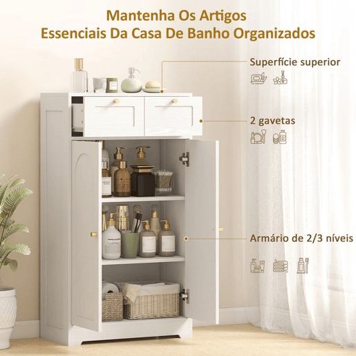 HOMCOM Armário de Casa de Banho Estreito Móvel Auxiliar Casa de Banho 60x30x108 cm, com 2 Gavetas Prateleira Aberta e Porta com Painel Arqueado Estilo Moderno, para Espaços Pequenos Branco Texturizado