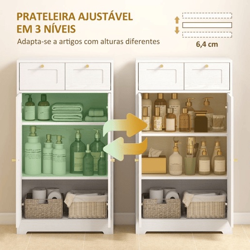 HOMCOM Armário de Casa de Banho Estreito Móvel Auxiliar Casa de Banho 60x30x108 cm, com 2 Gavetas Prateleira Aberta e Porta com Painel Arqueado Estilo Moderno, para Espaços Pequenos Branco Texturizado