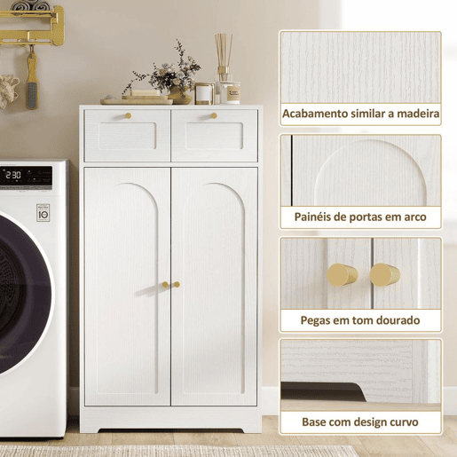 HOMCOM Armário de Casa de Banho Estreito Móvel Auxiliar Casa de Banho 60x30x108 cm, com 2 Gavetas Prateleira Aberta e Porta com Painel Arqueado Estilo Moderno, para Espaços Pequenos Branco Texturizado