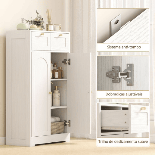HOMCOM Armário de Casa de Banho Estreito Móvel Auxiliar Casa de Banho 60x30x108 cm, com 2 Gavetas Prateleira Aberta e Porta com Painel Arqueado Estilo Moderno, para Espaços Pequenos Branco Texturizado