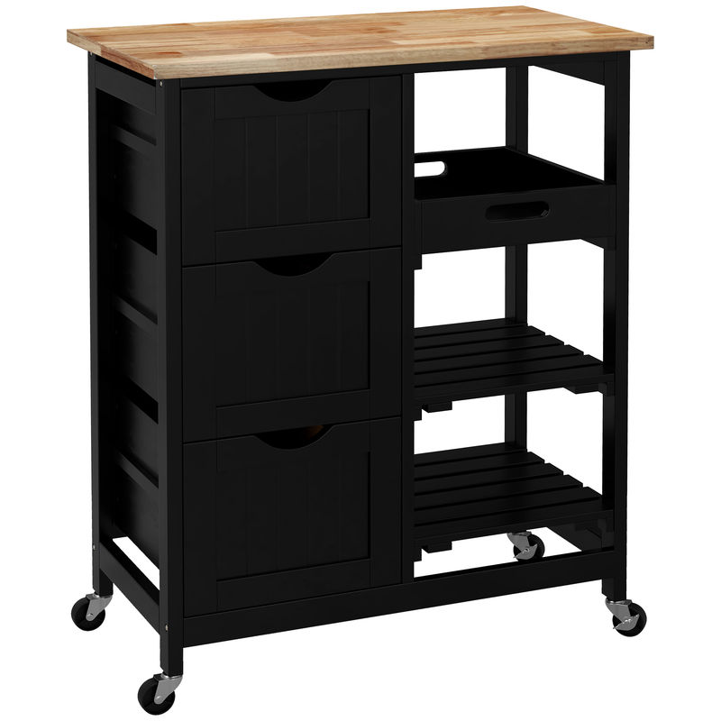 Homcom carro de cocina, carrito auxiliar con ruedas, tablero de madera, 3 cajones, 2 estantes abiertos y bandeja extraíble, para comedor salón,