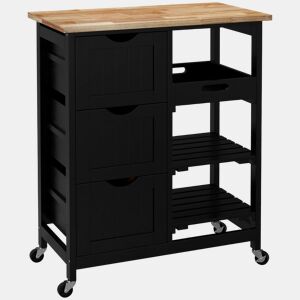 HOMCOM Carrinho de Cozinha com Rodas Carrinho de Serviço Multiuso com 3 Gavetas 2 Prateleiras Abertas e Bandeja para Sala de Jantar Sala de Estar 67x37x85,5 cm Preto
