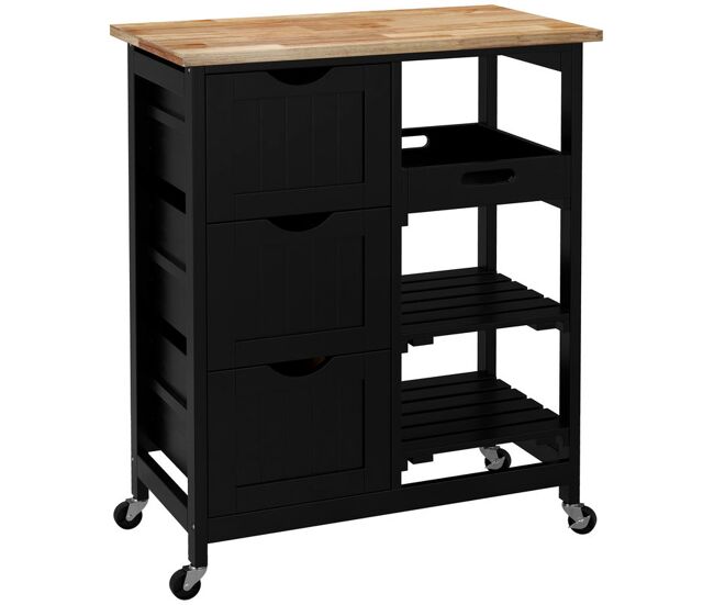 Homcom carro de cocina, carrito auxiliar con ruedas, tablero de madera, 3 cajones, 2 estantes abiertos y bandeja extraíble, para comedor salón,