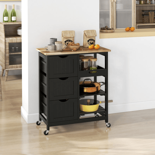 HOMCOM Carrinho de Cozinha com Rodas Carrinho de Serviço Multiuso com 3 Gavetas 2 Prateleiras Abertas e Bandeja para Sala de Jantar Sala de Estar 67x37x85,5 cm Preto HOMCOM Carrinho de Cozinha com Rodas Carrinho de Serviço Multiuso com 3 Gavetas 2 Prateleiras Abertas e Bandeja para Sala de Jantar Sala de Estar 67x37x85,5 cm Preto