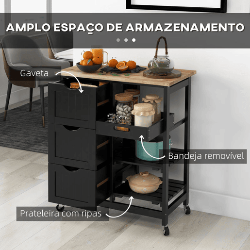 HOMCOM Carrinho de Cozinha com Rodas Carrinho de Serviço Multiuso com 3 Gavetas 2 Prateleiras Abertas e Bandeja para Sala de Jantar Sala de Estar 67x37x85,5 cm Preto HOMCOM Carrinho de Cozinha com Rodas Carrinho de Serviço Multiuso com 3 Gavetas 2 Prateleiras Abertas e Bandeja para Sala de Jantar Sala de Estar 67x37x85,5 cm Preto
