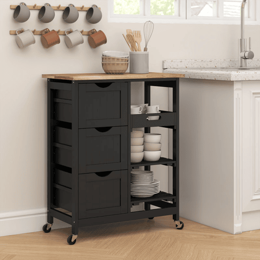 HOMCOM Carrinho de Cozinha com Rodas Carrinho de Serviço Multiuso com 3 Gavetas 2 Prateleiras Abertas e Bandeja para Sala de Jantar Sala de Estar 67x37x85,5 cm Preto HOMCOM Carrinho de Cozinha com Rodas Carrinho de Serviço Multiuso com 3 Gavetas 2 Prateleiras Abertas e Bandeja para Sala de Jantar Sala de Estar 67x37x85,5 cm Preto