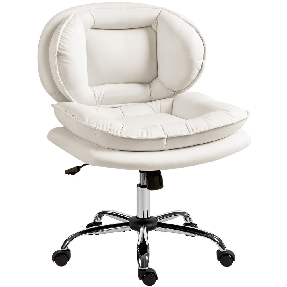 Homcom silla de oficina piernas cruzadas, silla tocador sin brazos con asiento ancho, ruedas, altura ajustable, doble acolchado, giratoria, función basculante, tapizada en pu, gris claro