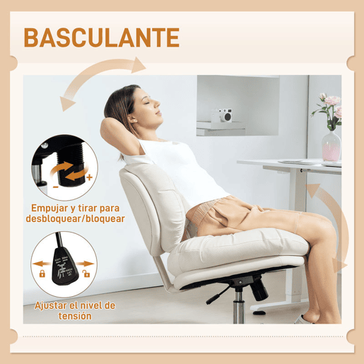HOMCOM Cadeira de Escritório Pernas Cruzadas, Cadeira de Penteadeira sem Braços com Assento Largo, Rodas, Altura Ajustável, Duplo Acolchoamento, Giratória, Função de Inclinação, Estofada em PU, Cinzento Claro