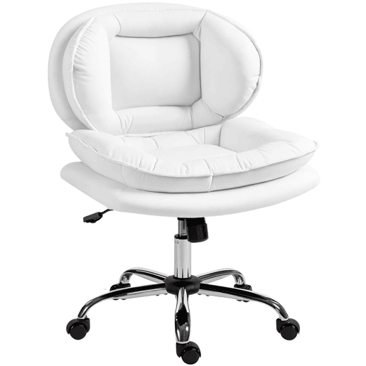 HOMCOM Cadeira de Escritório com Pernas Cruzadas, Cadeira de Penteadeira sem Braços com Assento Largo, Rodas, Altura Ajustável, Duplo Acolchoamento, Giratória, Função de Inclinação, Estofada em PU, Branco