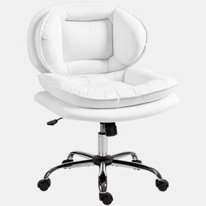 HOMCOM Cadeira de Escritório com Pernas Cruzadas, Cadeira de Penteadeira sem Braços com Assento Largo, Rodas, Altura Ajustável, Duplo Acolchoamento, Giratória, Função de Inclinação, Estofada em PU, Branco