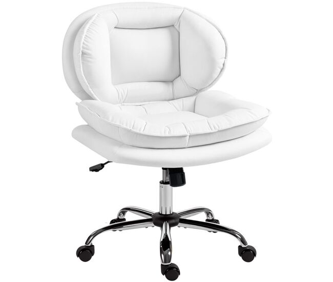 Homcom silla de oficina piernas cruzadas, silla tocador sin brazos con asiento ancho, ruedas, altura ajustable, doble acolchado, giratoria, función