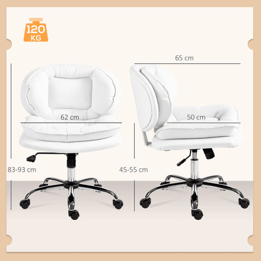 HOMCOM Cadeira de Escritório com Pernas Cruzadas, Cadeira de Penteadeira sem Braços com Assento Largo, Rodas, Altura Ajustável, Duplo Acolchoamento, Giratória, Função de Inclinação, Estofada em PU, Branco