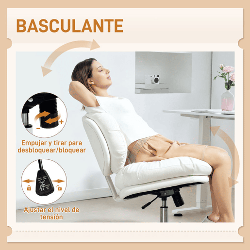 HOMCOM Cadeira de Escritório com Pernas Cruzadas, Cadeira de Penteadeira sem Braços com Assento Largo, Rodas, Altura Ajustável, Duplo Acolchoamento, Giratória, Função de Inclinação, Estofada em PU, Branco