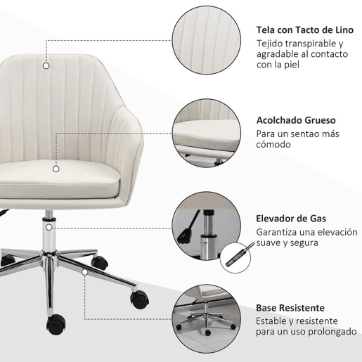 Vinsetto Cadeira de Escritório Cadeira de Secretária com Altura Regulável e Base Giratória para Escritório ou Estudo Suporta até 120 kg 61x59x86-96 cm Bege