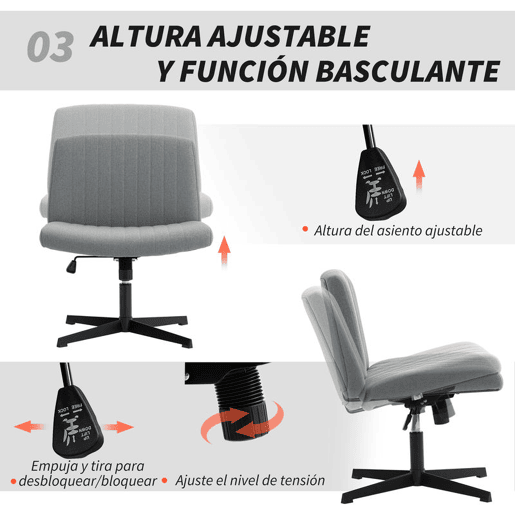 HOMCOM Cadeira de Escritório sem Apoio para os Braços Cadeira de Secretária Giratória com Função Basculante Altura Ajustável sem Rodas para Quarto Sala de Estar 61x64x76-86 cm Cinzento