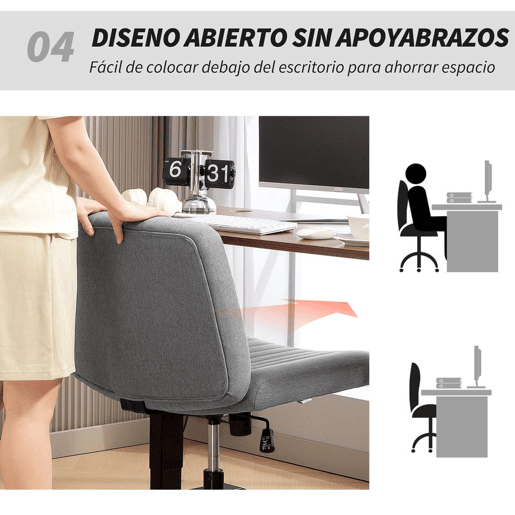 HOMCOM Cadeira de Escritório sem Apoio para os Braços Cadeira de Secretária Giratória com Função Basculante Altura Ajustável sem Rodas para Quarto Sala de Estar 61x64x76-86 cm Cinzento