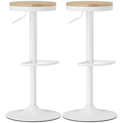 HOMCOM Conjunto de 2 Bancos de Bar Giratórios Bancos Altos de Cozinha com Altura Ajustável Assento em Madeira Estrutura em Aço e Descanso para Pés para Sala de Jantar Balcão 38,5x38,5x60-80 cm Madeira e Branco