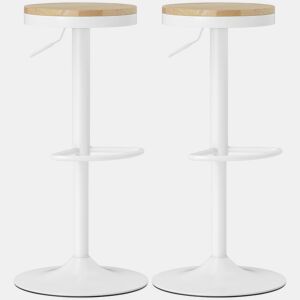 HOMCOM Conjunto de 2 Bancos de Bar Giratórios Bancos Altos de Cozinha com Altura Ajustável Assento em Madeira Estrutura em Aço e Descanso para Pés para Sala de Jantar Balcão 38,5x38,5x60-80 cm Madeira e Branco