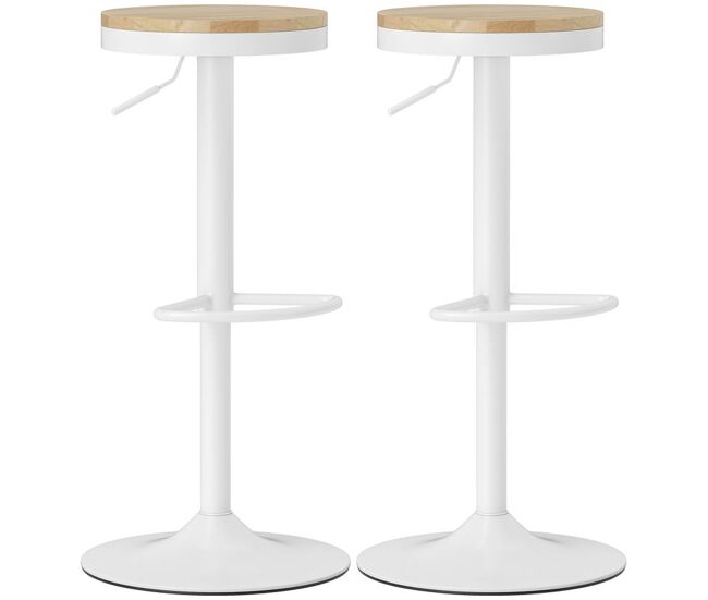 Homcom juego de 2 taburetes de bar giratorios taburetes altos de cocina con altura ajustable 60-80 cm asiento de madera marco de acero y reposapiés