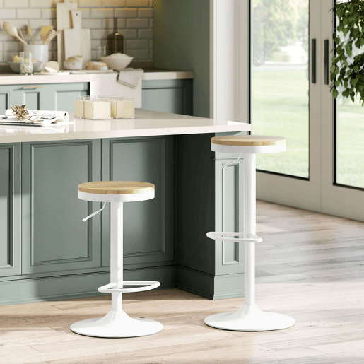 HOMCOM Conjunto de 2 Bancos de Bar Giratórios Bancos Altos de Cozinha com Altura Ajustável Assento em Madeira Estrutura em Aço e Descanso para Pés para Sala de Jantar Balcão 38,5x38,5x60-80 cm Madeira e Branco