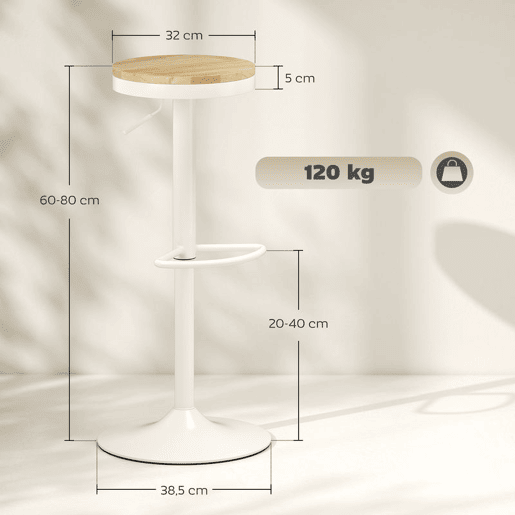HOMCOM Conjunto de 2 Bancos de Bar Giratórios Bancos Altos de Cozinha com Altura Ajustável Assento em Madeira Estrutura em Aço e Descanso para Pés para Sala de Jantar Balcão 38,5x38,5x60-80 cm Madeira e Branco