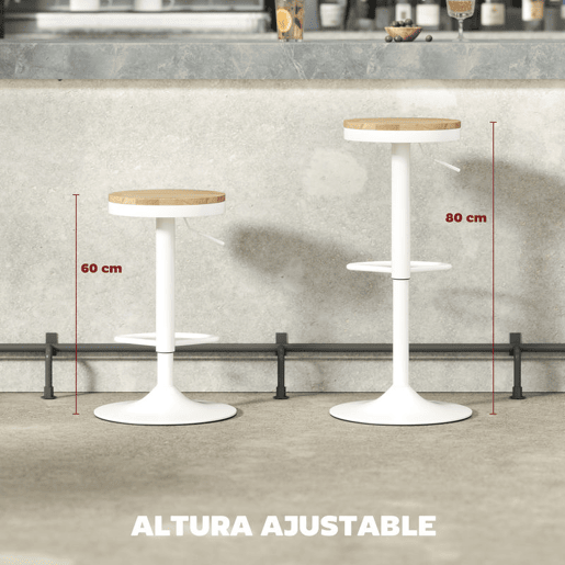 HOMCOM Conjunto de 2 Bancos de Bar Giratórios Bancos Altos de Cozinha com Altura Ajustável Assento em Madeira Estrutura em Aço e Descanso para Pés para Sala de Jantar Balcão 38,5x38,5x60-80 cm Madeira e Branco