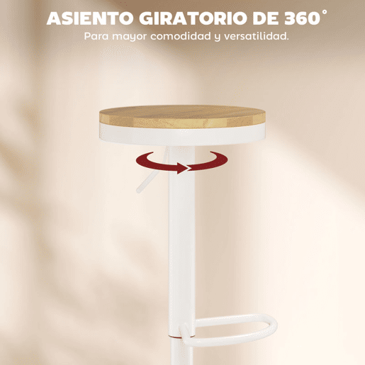 HOMCOM Conjunto de 2 Bancos de Bar Giratórios Bancos Altos de Cozinha com Altura Ajustável Assento em Madeira Estrutura em Aço e Descanso para Pés para Sala de Jantar Balcão 38,5x38,5x60-80 cm Madeira e Branco
