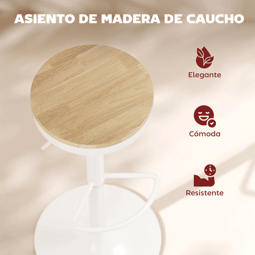 HOMCOM Conjunto de 2 Bancos de Bar Giratórios Bancos Altos de Cozinha com Altura Ajustável Assento em Madeira Estrutura em Aço e Descanso para Pés para Sala de Jantar Balcão 38,5x38,5x60-80 cm Madeira e Branco