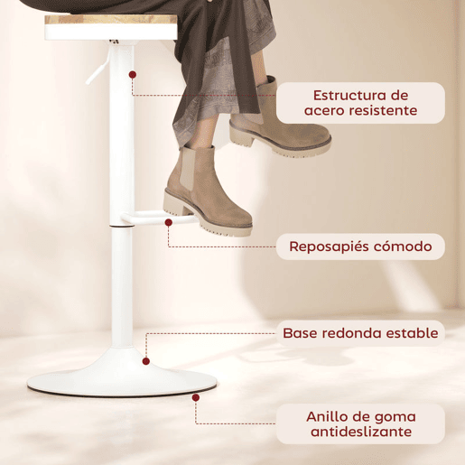 HOMCOM Conjunto de 2 Bancos de Bar Giratórios Bancos Altos de Cozinha com Altura Ajustável Assento em Madeira Estrutura em Aço e Descanso para Pés para Sala de Jantar Balcão 38,5x38,5x60-80 cm Madeira e Branco