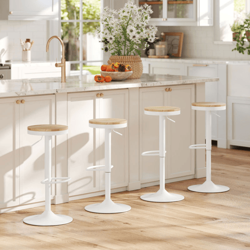 HOMCOM Conjunto de 2 Bancos de Bar Giratórios Bancos Altos de Cozinha com Altura Ajustável Assento em Madeira Estrutura em Aço e Descanso para Pés para Sala de Jantar Balcão 38,5x38,5x60-80 cm Madeira e Branco