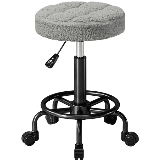 HOMCOM Banco Giratório Redondo Banco com Rodas Altura Regulável 50-66 cm Assento Estofado em Tecido tipo Borreguito para Salões Oficinas Spa Massagem Cinza