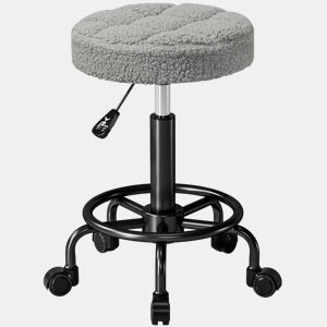 HOMCOM Banco Giratório Redondo Banco com Rodas Altura Regulável 50-66 cm Assento Estofado em Tecido tipo Borreguito para Salões Oficinas Spa Massagem Cinza