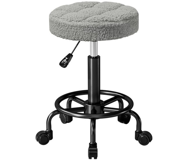 Homcom taburete giratorio redondo taburete con ruedas altura regulable 50-66 cm asiento tapizado en tejido de borreguito para salones talleres spa