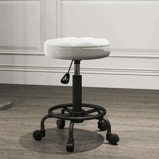 HOMCOM Banco Giratório Redondo Banco com Rodas Altura Regulável 50-66 cm Assento Estofado em Tecido tipo Borreguito para Salões Oficinas Spa Massagem Cinza