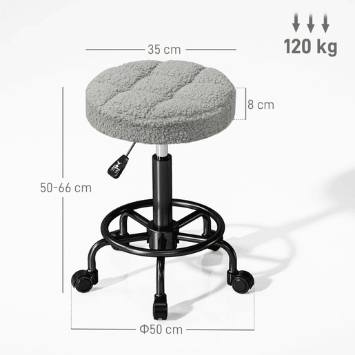 HOMCOM Banco Giratório Redondo Banco com Rodas Altura Regulável 50-66 cm Assento Estofado em Tecido tipo Borreguito para Salões Oficinas Spa Massagem Cinza