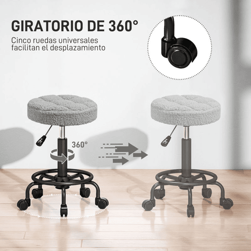 HOMCOM Banco Giratório Redondo Banco com Rodas Altura Regulável 50-66 cm Assento Estofado em Tecido tipo Borreguito para Salões Oficinas Spa Massagem Cinza