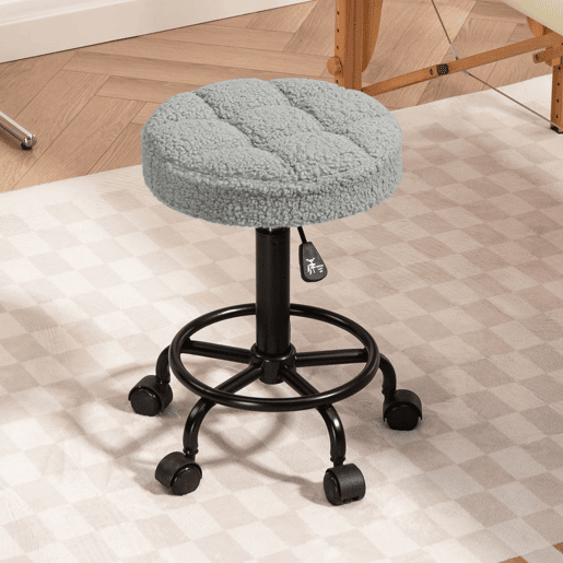 HOMCOM Banco Giratório Redondo Banco com Rodas Altura Regulável 50-66 cm Assento Estofado em Tecido tipo Borreguito para Salões Oficinas Spa Massagem Cinza