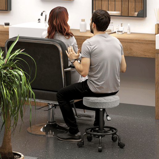 HOMCOM Banco Giratório Redondo Banco com Rodas Altura Regulável 50-66 cm Assento Estofado em Tecido tipo Borreguito para Salões Oficinas Spa Massagem Cinza