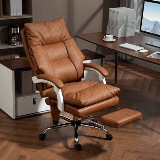 HOMCOM Cadeira de Escritório com Suporte Lombar Inflável Estofada em PU Cadeira de Secretária Giratória com Apoio para Pés Encosto Reclinável Encosto Alto Altura Ajustável 65x76x113-121 cm Marrom