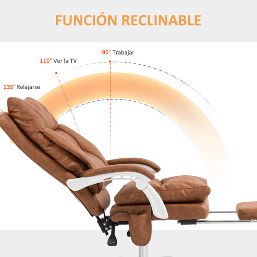 HOMCOM Cadeira de Escritório com Suporte Lombar Inflável Estofada em PU Cadeira de Secretária Giratória com Apoio para Pés Encosto Reclinável Encosto Alto Altura Ajustável 65x76x113-121 cm Marrom
