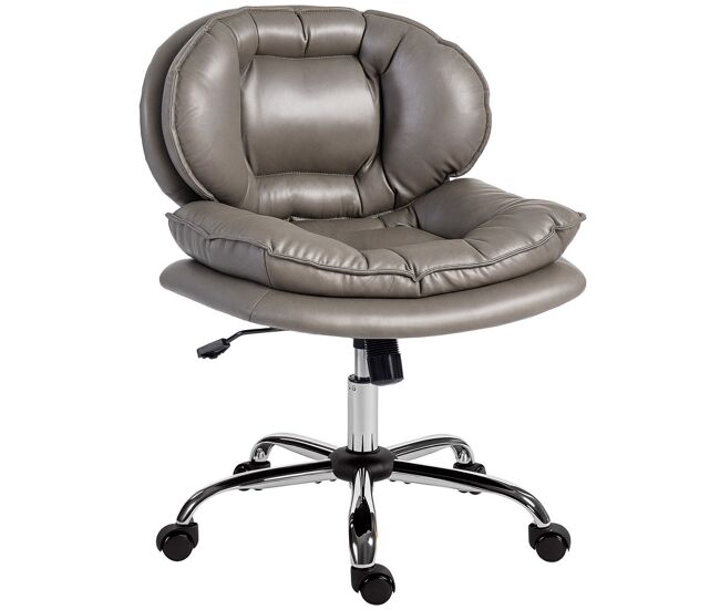 Homcom silla de oficina piernas cruzadas, silla tocador sin brazos con asiento ancho, ruedas, altura ajustable, doble acolchado, giratoria, función basculante, tapizada en pu, gris oscuro