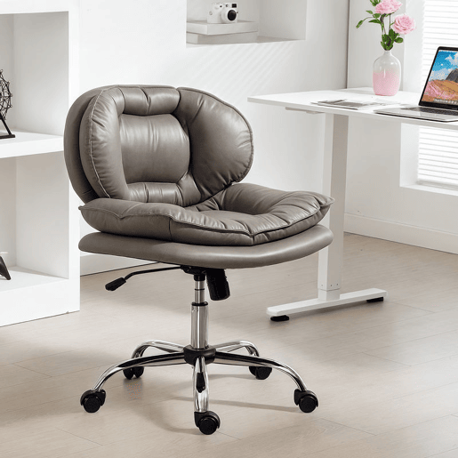 HOMCOM Cadeira de Escritório com Pernas Cruzadas, Cadeira de Penteadeira sem Braços com Assento Largo, Rodas, Altura Ajustável, Duplo Acolchoamento, Giratória, Função de Inclinação, Estofada em PU, Cinzento Escuro