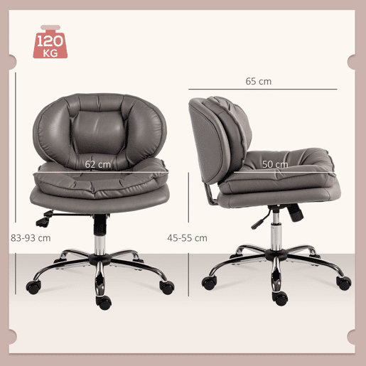 HOMCOM Cadeira de Escritório com Pernas Cruzadas, Cadeira de Penteadeira sem Braços com Assento Largo, Rodas, Altura Ajustável, Duplo Acolchoamento, Giratória, Função de Inclinação, Estofada em PU, Cinzento Escuro