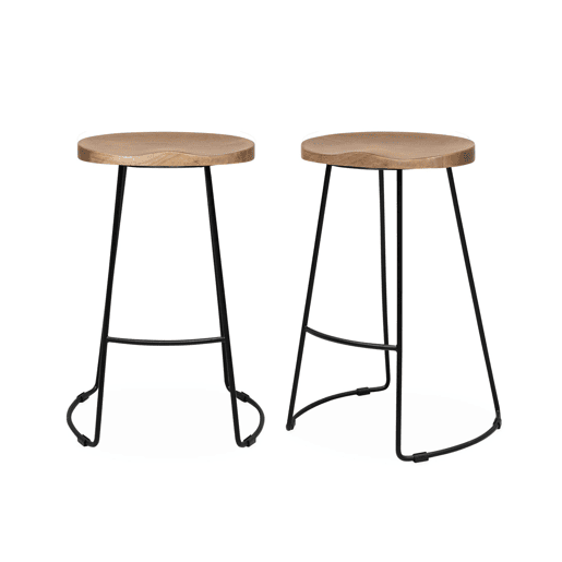 Banco alto de cozinha de madeira e aço, set de 2, Jaya, Natural, 44x36x65 cm