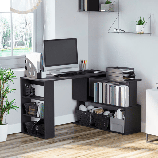 HOMCOM Mesa de Computador Secretária Mesa de Canto Giratória 360° com 5 Prateleiras para Casa Escritório Preto