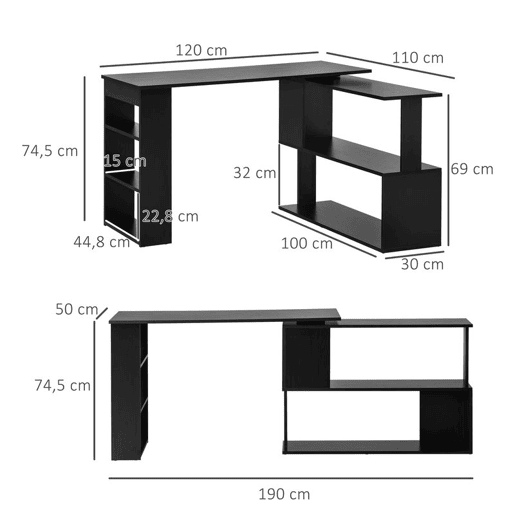 HOMCOM Mesa de Computador Secretária Mesa de Canto Giratória 360° com 5 Prateleiras para Casa Escritório Preto