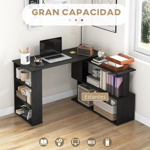 HOMCOM Mesa de Computador Secretária Mesa de Canto Giratória 360° com 5 Prateleiras para Casa Escritório Preto